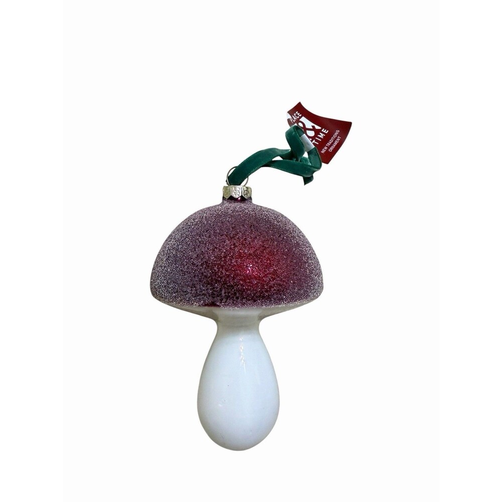 Place & Time Frosty Mushroom Glass Ornaments Christmas Decor Green Red 5” Pair - Picture 4 of 6